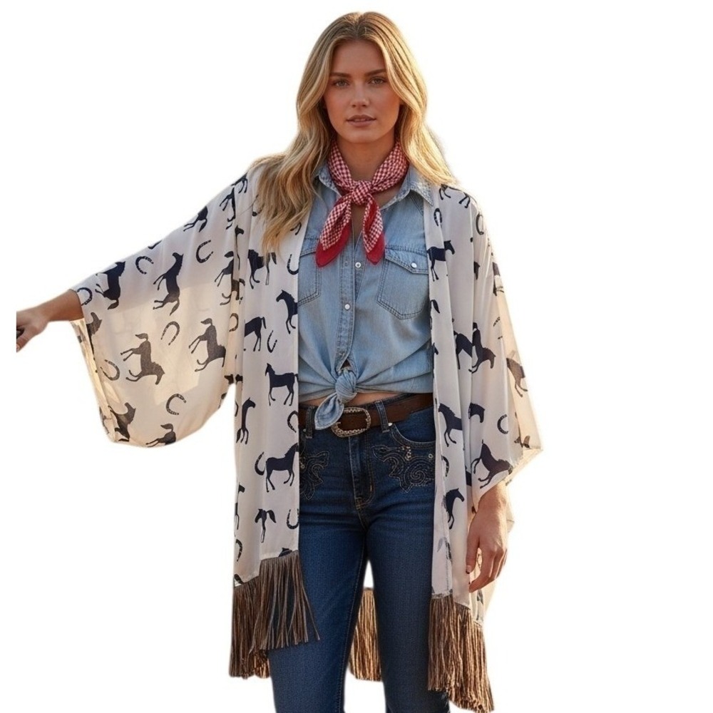 Y2k Western Fringe Cowgirl Equestrian Women's size Small Oversized‎ Horse Kimono